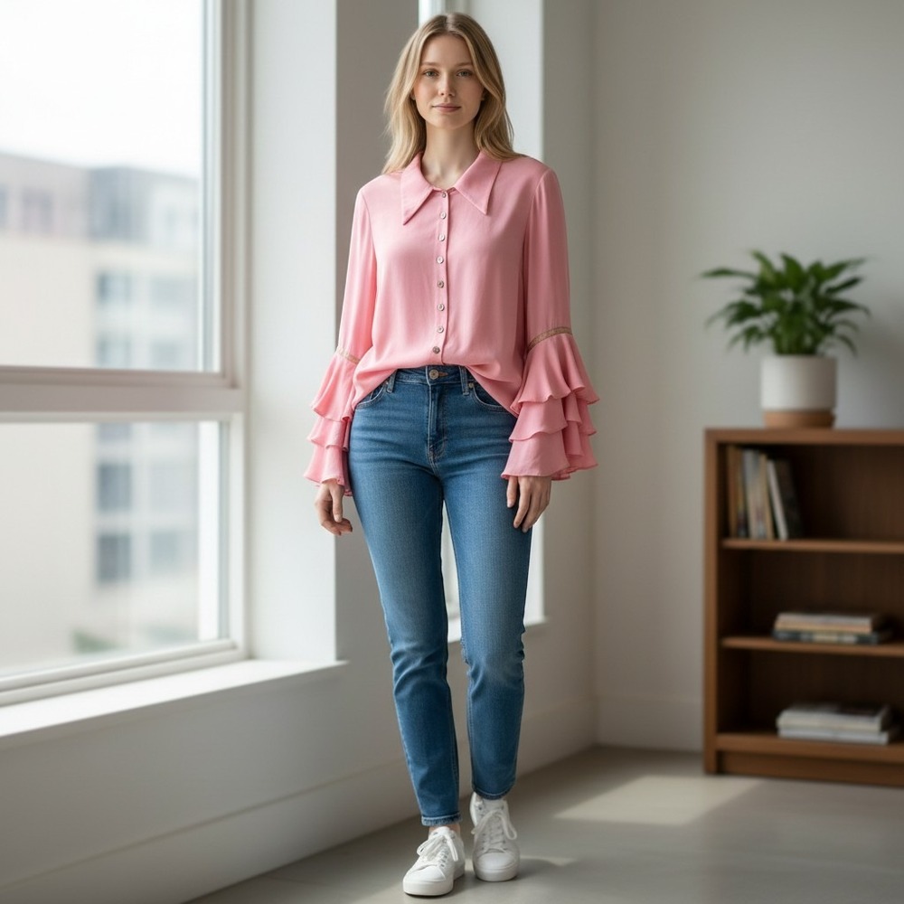 Sherry Cassin New York Silk Pink Ruffle Bell Sleeve Button Down Blouse